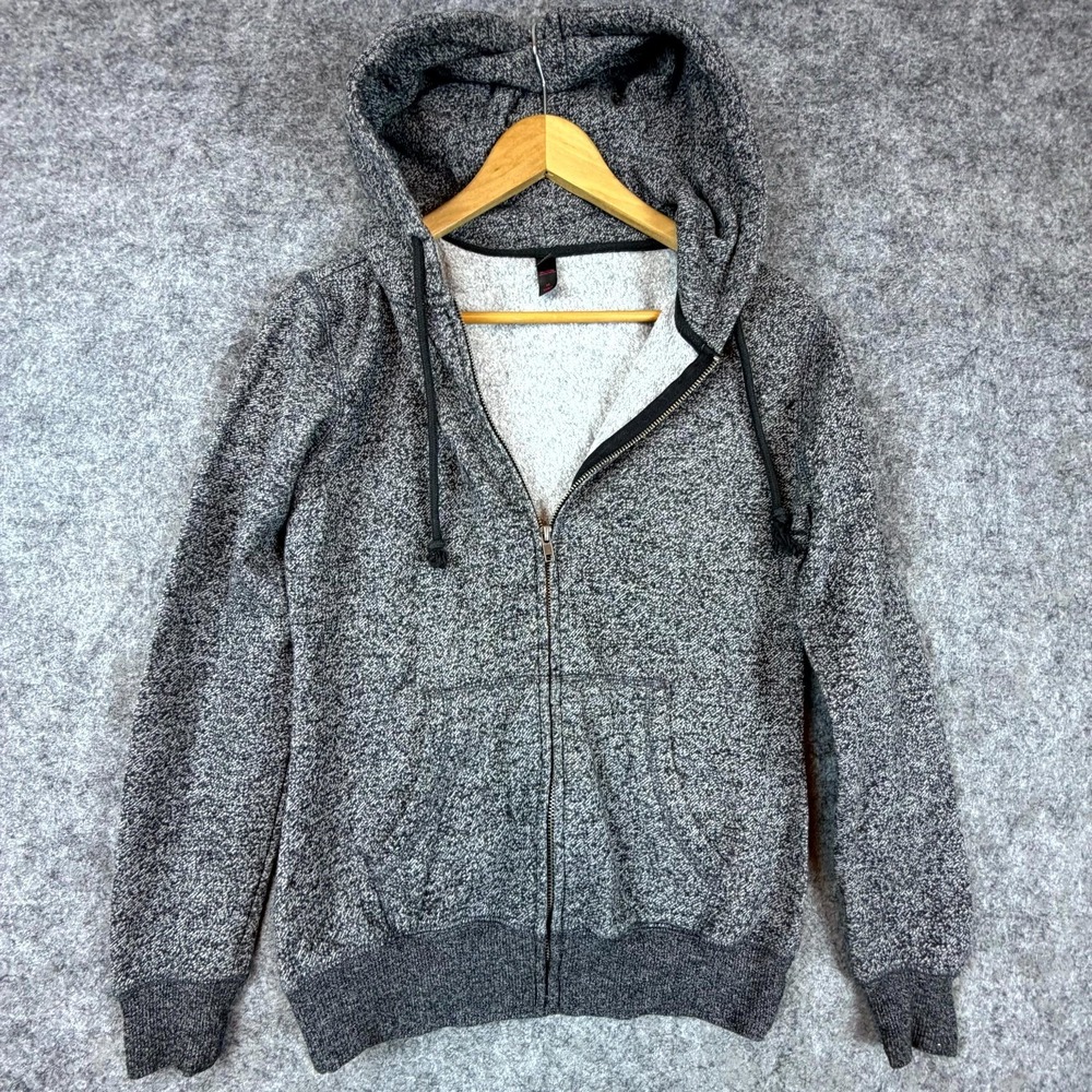 District Hoodie Womens Medium Gray Marl Knit Fleece Lined Drawstring Full Zip